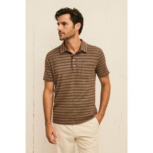 BILLY REID Brown Stripe Short Sleeve 100% Cotton Polo Shirt Top  Mens Size Small - Picture 1 of 7